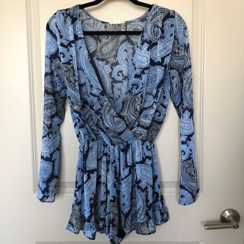 Blue paisley long sleeve romper